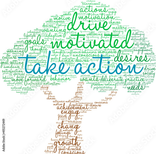 Take Action Word Cloud on a white background. 