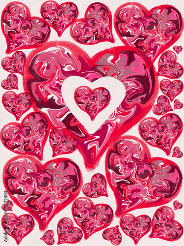 Decorative hearts made with swirls of liquid marble paper texture for Valentines Day