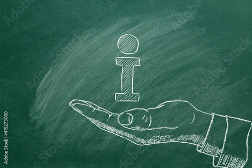 Photos Human hand and info icon drawn in chalk on a blackboard