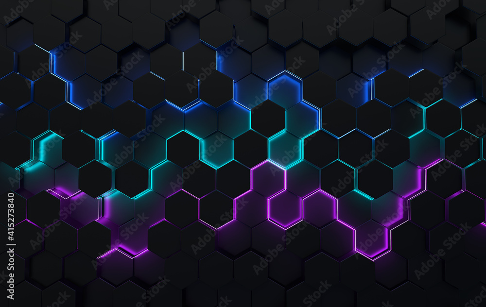 Hexagonal abstract background. Futuristic cellular 3d panel with hexagons  and neon light. Ceramic or metallic tile. 3d wall texture. Geometric  background for interior wallpaper design Stock Illustration | Adobe Stock