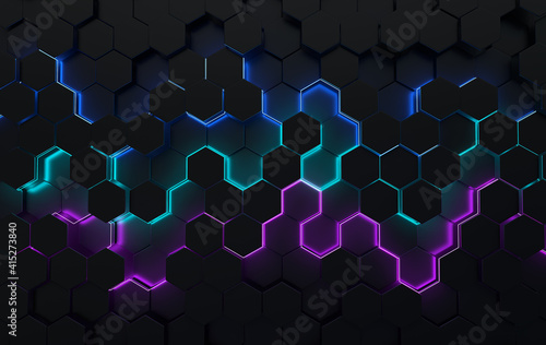 Hexagonal abstract background. Futuristic cellular 3d panel with hexagons and neon light. Ceramic or metallic tile. 3d wall texture. Geometric background for interior wallpaper design