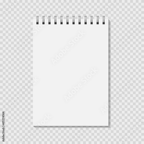 Notepad mock up on transparent background. Blank pages, copybook with metal spiral template. Realistic closed notebook vector illustration.