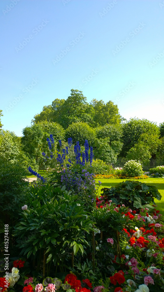 Obraz premium Beautiful public garden. Flowerbed with bright flowers, geranium and begonia. Gardening background. Floral cultivars, selection. Green grass and trees. Summer park. Beauty in nature. Ecology concept.