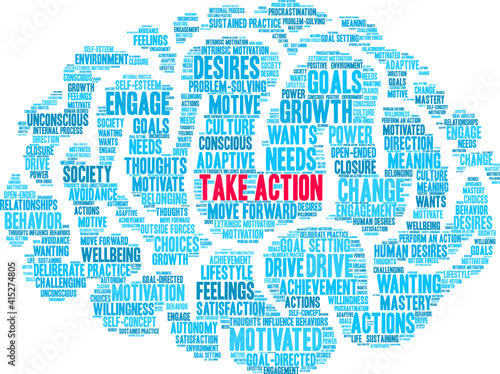 Take Action Word Cloud on a white background. 
