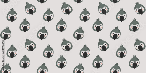 Cute seamless pattern of cartoon faces of characters gray parrots with the crests from above on a light gray background. African heads of birds for children's clothes, scrapbooking. Vector.