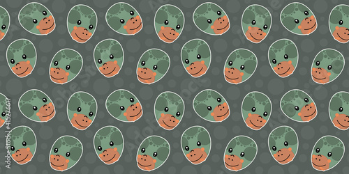 Seamless pattern of the gentle green heads of a boas constrictor with protruding tongues on a gray background. The cute backdrop of repeating cartoon snake faces. Vector.