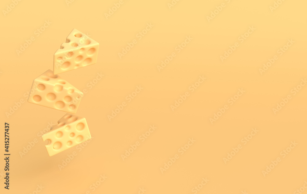 A piece of maasdam cheese on yellow background 3d rendering A piece of maasdam cheese on yellow background 3d rendering