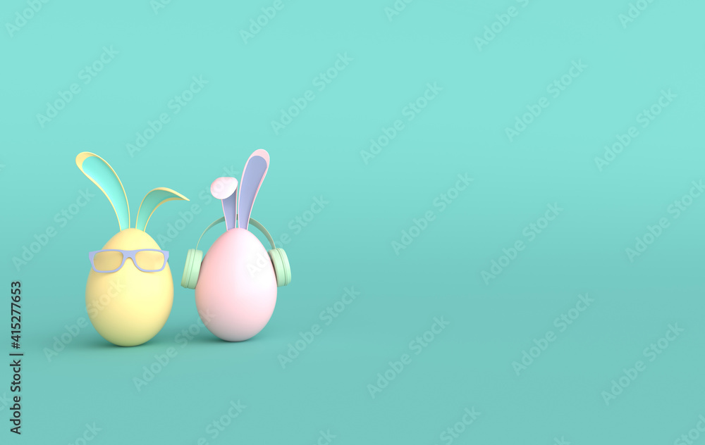 Colorful Easter egg with rabbit ears on green background. Happy Easter big hunt or sale banner, mockup template. April holiday - Easter. Cute bunny egg with sun glasses and earphones 3d render Colorful Easter egg with rabbit ears on green background. Happy Easter big hunt or sale banner, mockup template. April holiday - Easter. Cute bunny egg with sun glasses and earphones 3d render