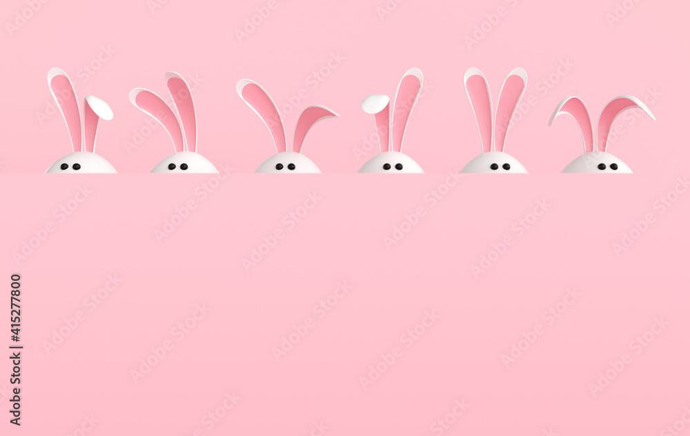 White Easter egg with rabbit ears, eyes on pastel pink background. Party events poster, mockup template with copy space.  Religious April holiday - Easter. Cute bunny egg