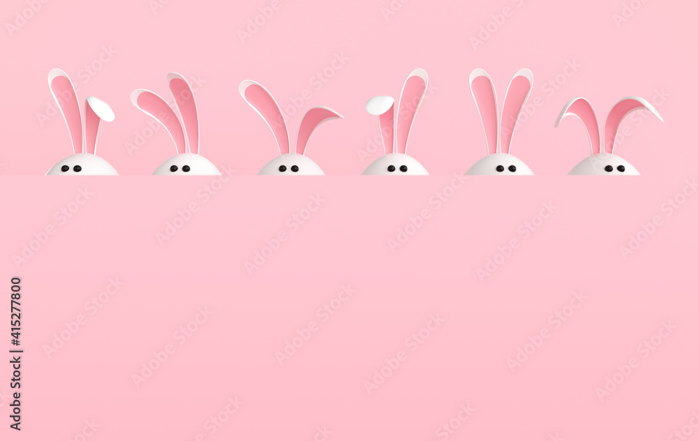 White Easter egg with rabbit ears, eyes on pastel pink background. Party events poster, mockup template with copy space. Religious April holiday - Easter. Cute bunny egg White Easter egg with rabbit ears, eyes on pastel pink background. Party events poster, mockup template with copy space. Religious April holiday - Easter. Cute bunny egg