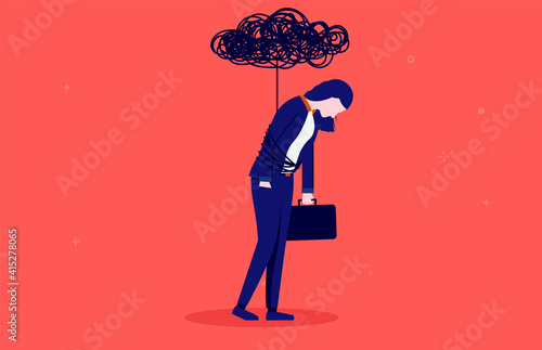 Businesswoman depression - Woman tied up with black cloud from overwork. Brain fog and depression concept. Vector illustration.