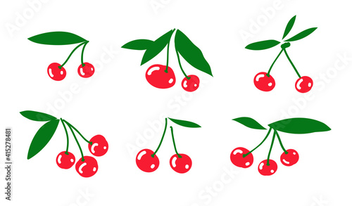 Vector illustration of ripe cherries. Berries and green leaves. Vector isolated.