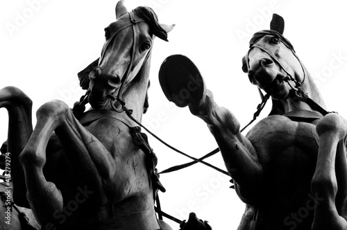 detail of a bronze statue of galloping horses, London, UK © David