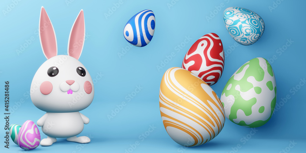 Happy easter day, cute bunny with colorful egg, 3d rendering.
