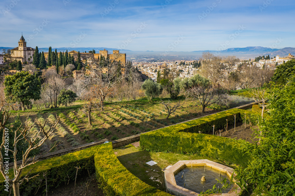 View on the Alhambra and the city of Granada (Andalucia, Spain) from the Generalife palace