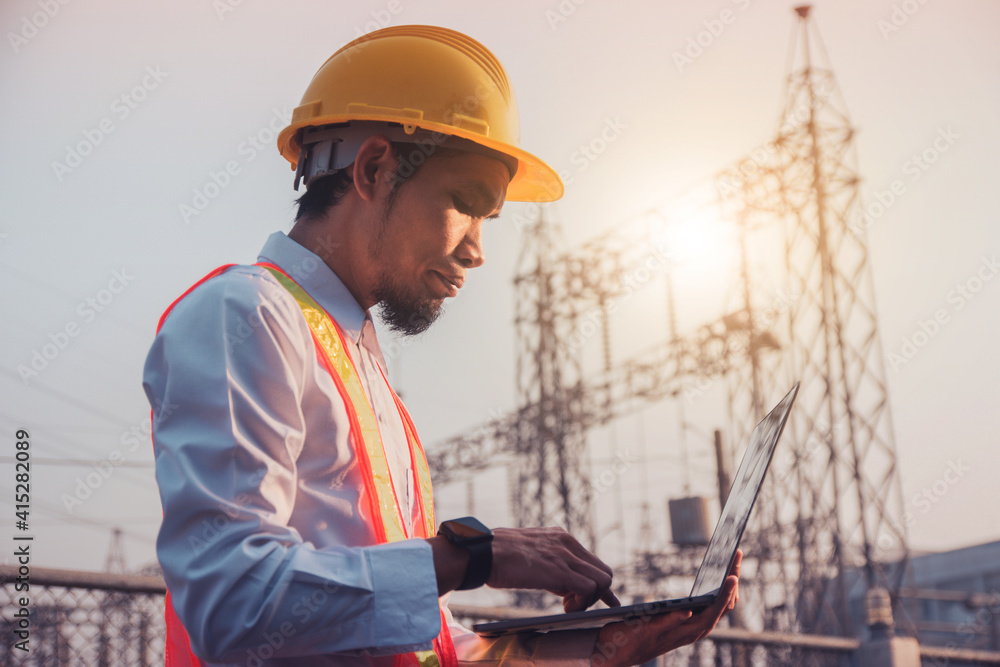 Worker Engineer work outdoor by computer laptop technology Worker Engineer work outdoor by computer laptop technology
