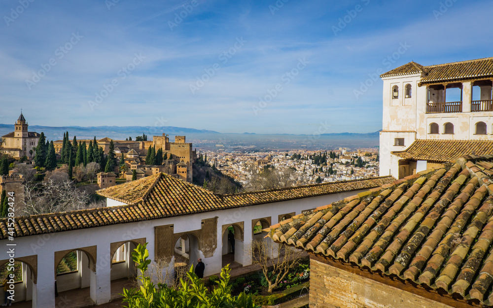 View on the Alhambra and the city of Granada (Andalucia, Spain) from the Generalife palace