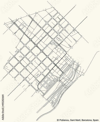 Black simple detailed street roads map on vintage beige background of the Poblenou neighbourhood of the Sant Martí district of Barcelona, Spain