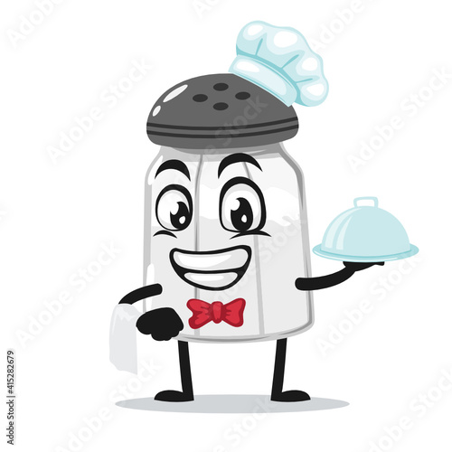 vector illustration of salt shaker mascot or character wearing chef hat and serve food