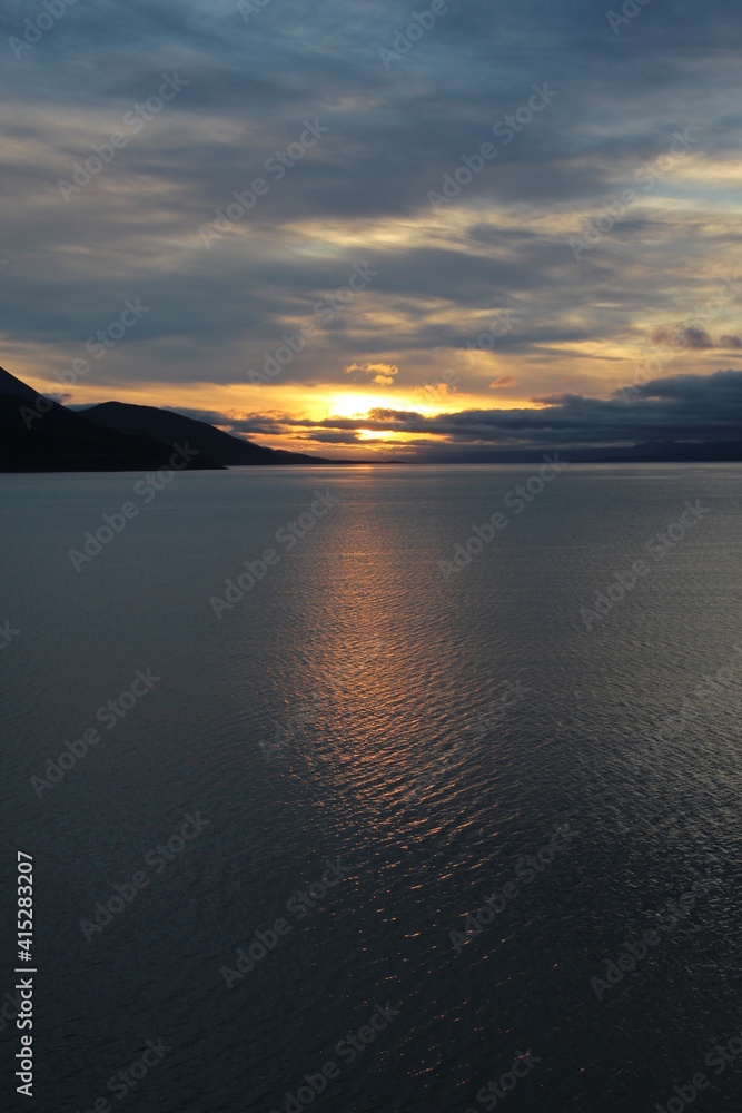 Sunset in the Chilean fjords, Patagonia, southern Chile.