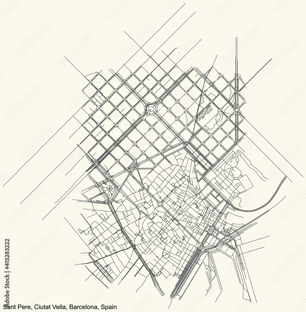 Black simple detailed street roads map on vintage beige background of the Sant Pere, Santa Caterina i la Ribera neighbourhood of the Ciutat Vella district of Barcelona, Spain