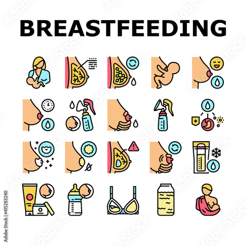 Breastfeeding Baby Collection Icons Set Vector. Newborn Child Feeding And Breastfeeding By Hour, Breast Pump And Silicone Pad Concept Linear Pictograms. Contour Color Illustrations