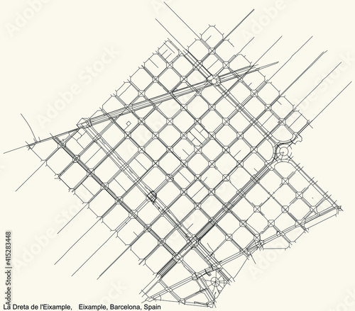 Black simple detailed street roads map on vintage beige background of the Dreta de l'Eixample neighbourhood of the Eixample district of Barcelona, Spain