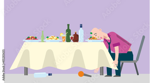 A drunk man at a corporate party fell asleep at a festive table. Salads, cocktail, alcohol on the festive table. A man sits on a chair, dropped the microphone. Flat infographics. Vector illustration..