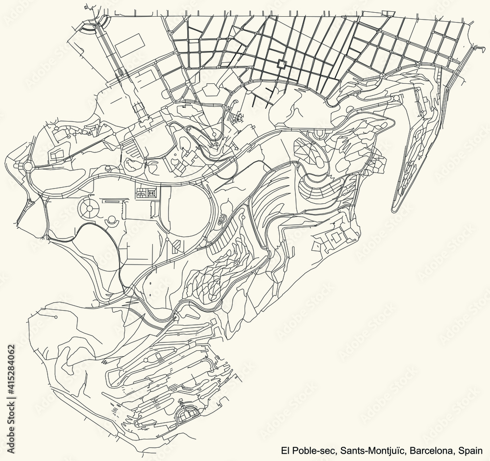 Naklejka premium Black simple detailed street roads map on vintage beige background of the El Poble-sec neighbourhood of the Sants-Montjuïc district of Barcelona, Spain