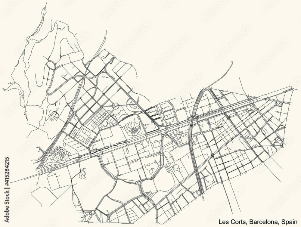 Black simple detailed street roads map on vintage beige background of the quarter Les Corts district of Barcelona, Spain