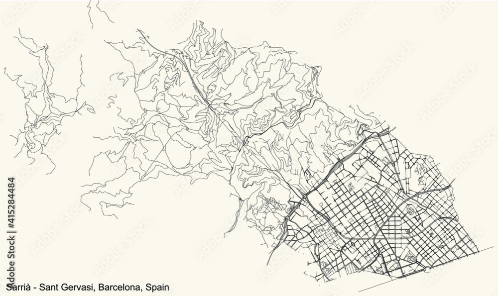 Black simple detailed street roads map on vintage beige background of the quarter Sarrià-Sant Gervasi district of Barcelona, Spain