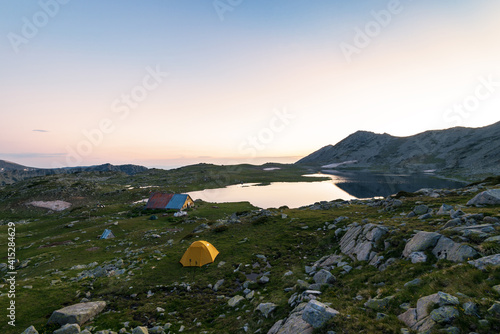 Sunset landscape with Kamenitsa peak and Tevno lake. photo