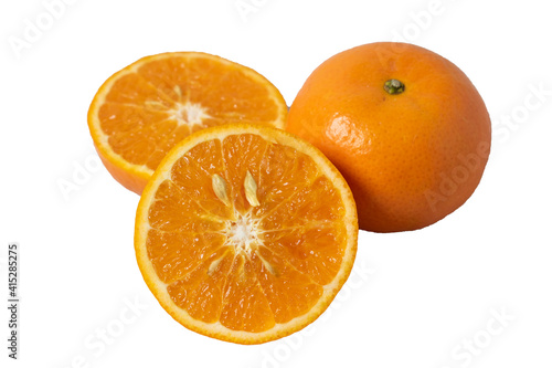 Slices of orange or tangerine isolated on white background. Flat lay  top view. Fruit composition