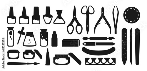 Manicure equipment icon set. Black glyph polishing nails, polish, file, tweezers, hand cream, scissors, oil, nippers. Manicure tools sign design elements beauty and Spa concept trendy vector