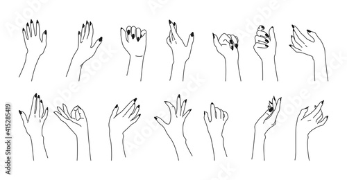 Female manicured nails hand black line set. Sketch women arms nail design. Flat contour manicure demonstration gesture. Different nations fashion, skin care Spa beauty trendy concept vector