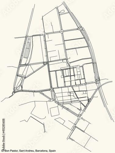 Black simple detailed street roads map on vintage beige background of the Bon Pastor neighbourhood of the Sant Andreu district of Barcelona  Spain