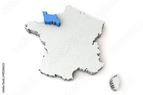 Map of France showing Lower Normandy region. 3D Rendering