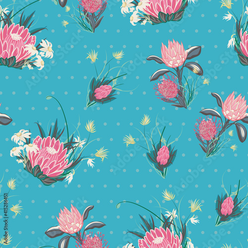 Aqua proteas with flannel flowers Australian natives seamless vector repeat pattern. Vector illustration with protea  flannel flower motif on a subtle polka dot background