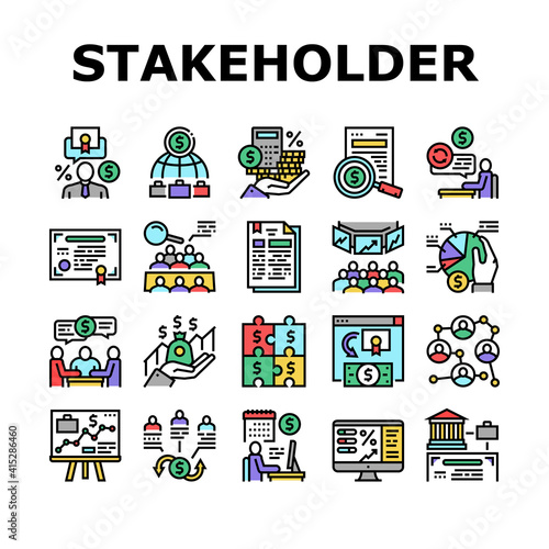 Stakeholder Business Collection Icons Set Vector. Stakeholder Meeting With Investor And Trade Union, Credit And Dividends, Stock And Bidding Concept Linear Pictograms. Contour Color Illustrations