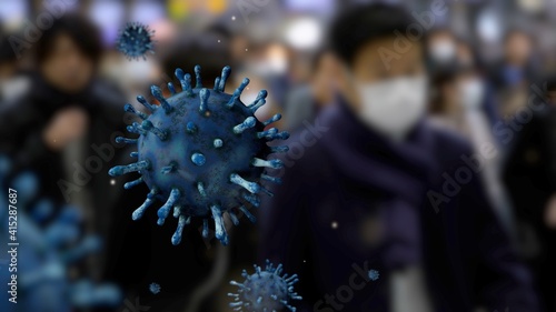 3D illustration virus Covid19 floating in the air. Japanese passengers on metro © REC Stock Footage