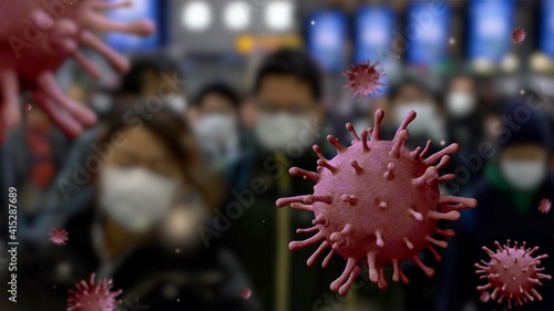 3D illustration covid19 quarantine MERS. Flu coronavirus floating over people © REC Stock Footage