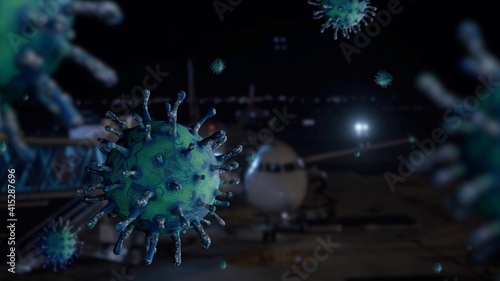 3D illustration coronavirus over plane parked at international airport on night.
