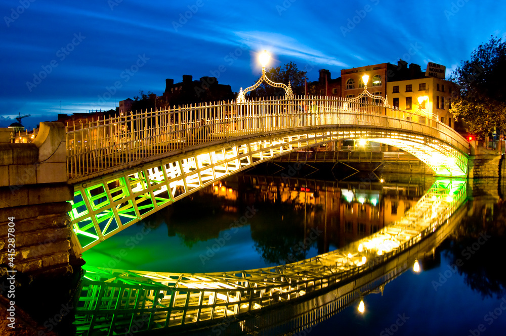 River Liffey at Ha'penny Bridge at night, Dublin, Ireland
