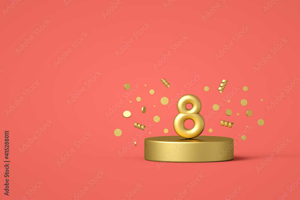 Happy 8th birthday number with festive confetti and spiral ribbons on a ...