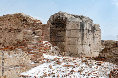 Fototapeta Naklejka Na Ścianę i Meble -  Welcome to Sagalassos. Isparta, Turkey.To visit the sprawling ruins of Sagalassos, high amid the jagged peaks of Akdag, is to approach myth: the ancient ruined city set in stark.