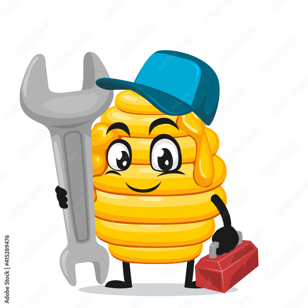 vector illustration of hive bee mascot or character wearing service costume and holding wrench vector illustration of hive bee mascot or character wearing service costume and holding wrench