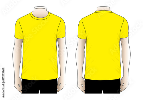 Men's Blank Yellow Short Sleeve T-Shirt For Template.Front And Back View, Vector File