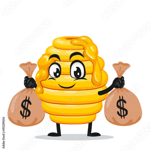 vector illustration of hive bee mascot or character holding sacks of money