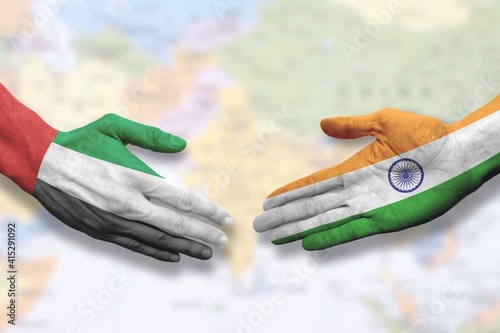 United Arab Emirates and India - Flag handshake symbolizing partnership and cooperation