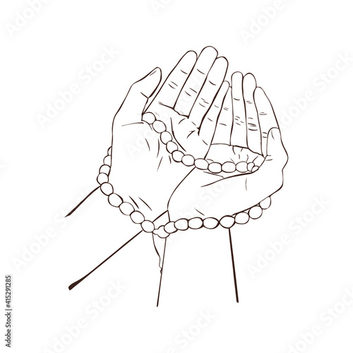 Muslim man hands holding rosary line art 